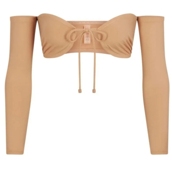 SKIMS Recycled Swim Top Long Sleeve Bikini Off Shoulder Ochre Tan NWT Size Small - Picture 1 of 8
